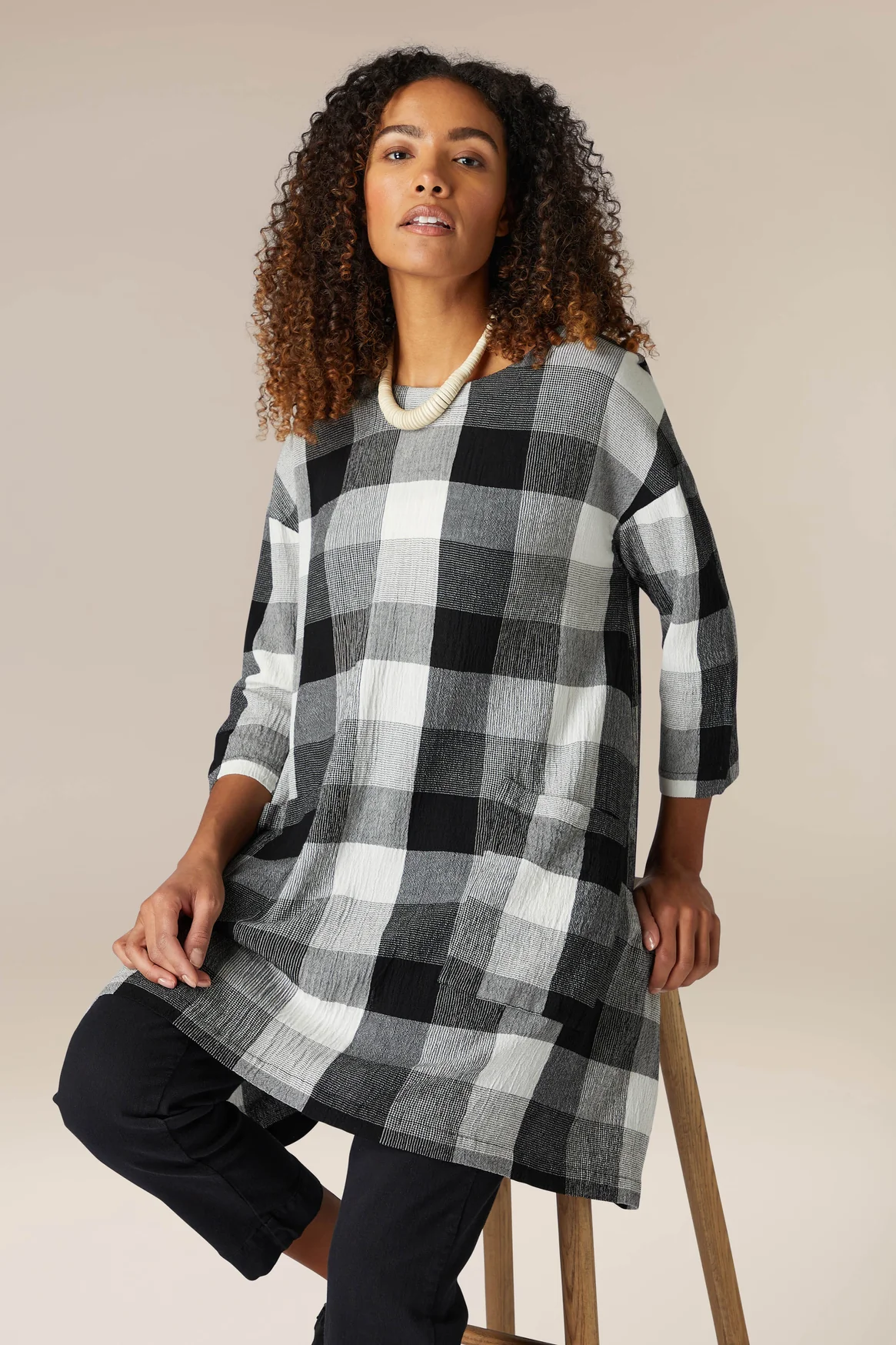 Sahara Crinkle Grid Check Tunic Black 