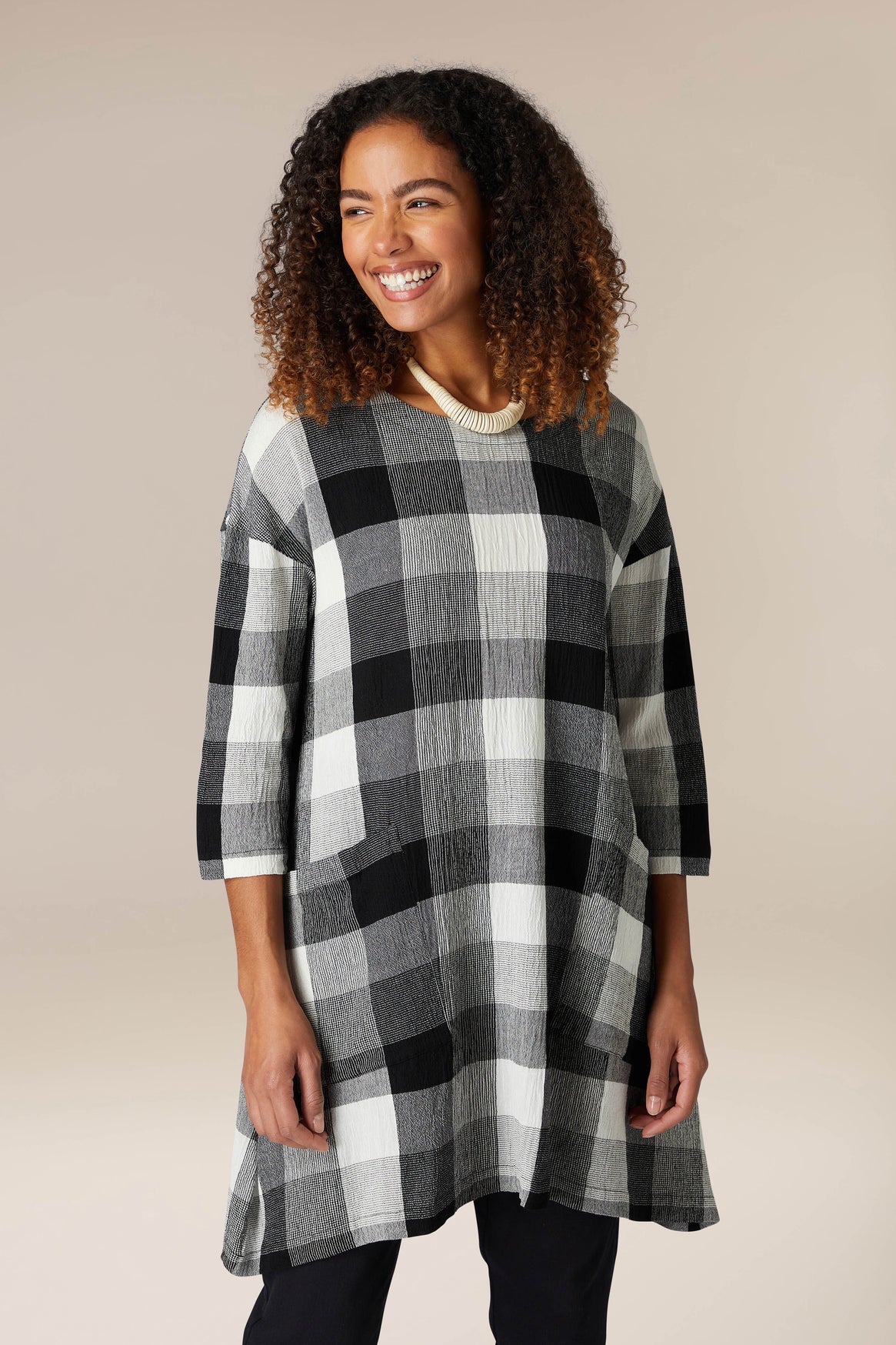 Sahara Crinkle Grid Check Tunic Black 