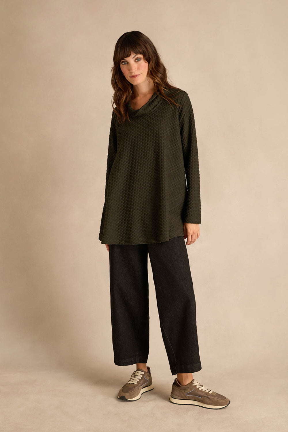 Waffle Textured Jersey Cowl Neck