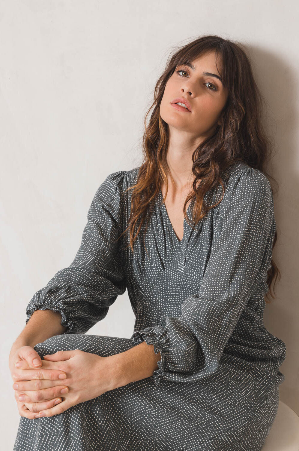 Indi & Cold Khaki Tiny Dot Long Dress Grey