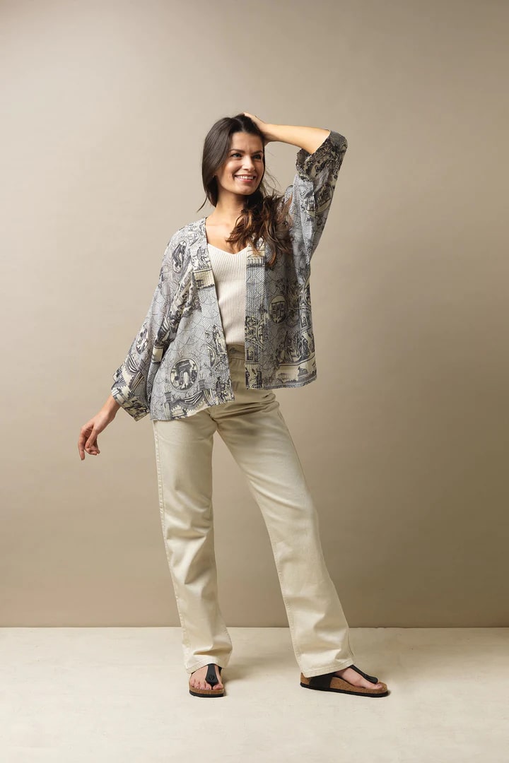 One Hundred Stars Ancient Columns Kimono Charcoal