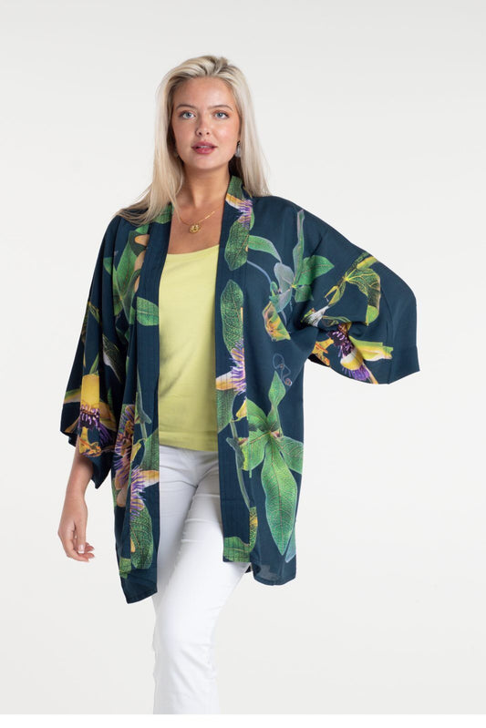 From My Mothers Garden Passion Flower Mid Length Kimono Petrol
