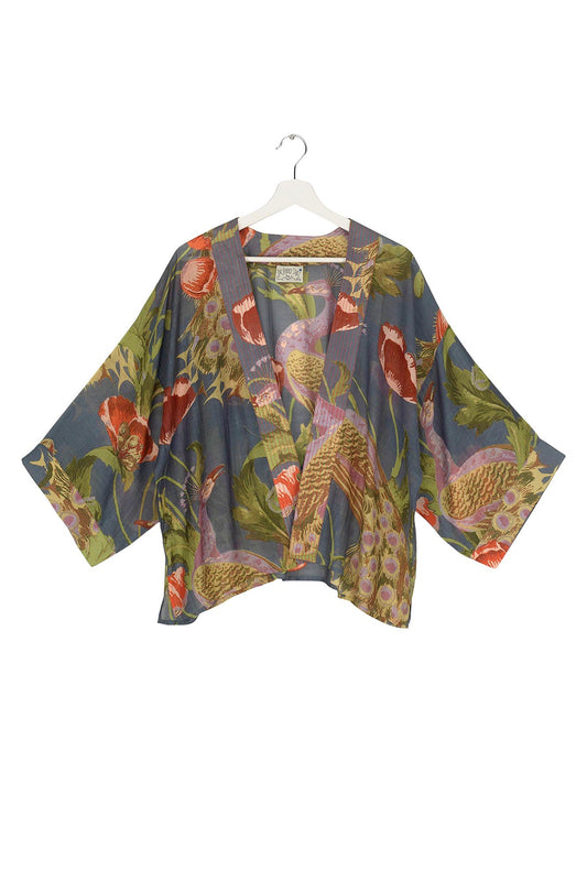 One Hundred Stars Peacock and Poppies Kimono Grey