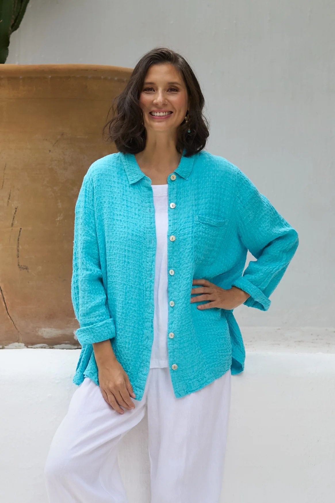 Sahara Waffle Linen Pocket Shirt Turquoise