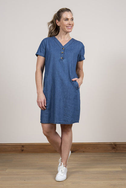 Lily and Me Button Detail Dress Denim Blue