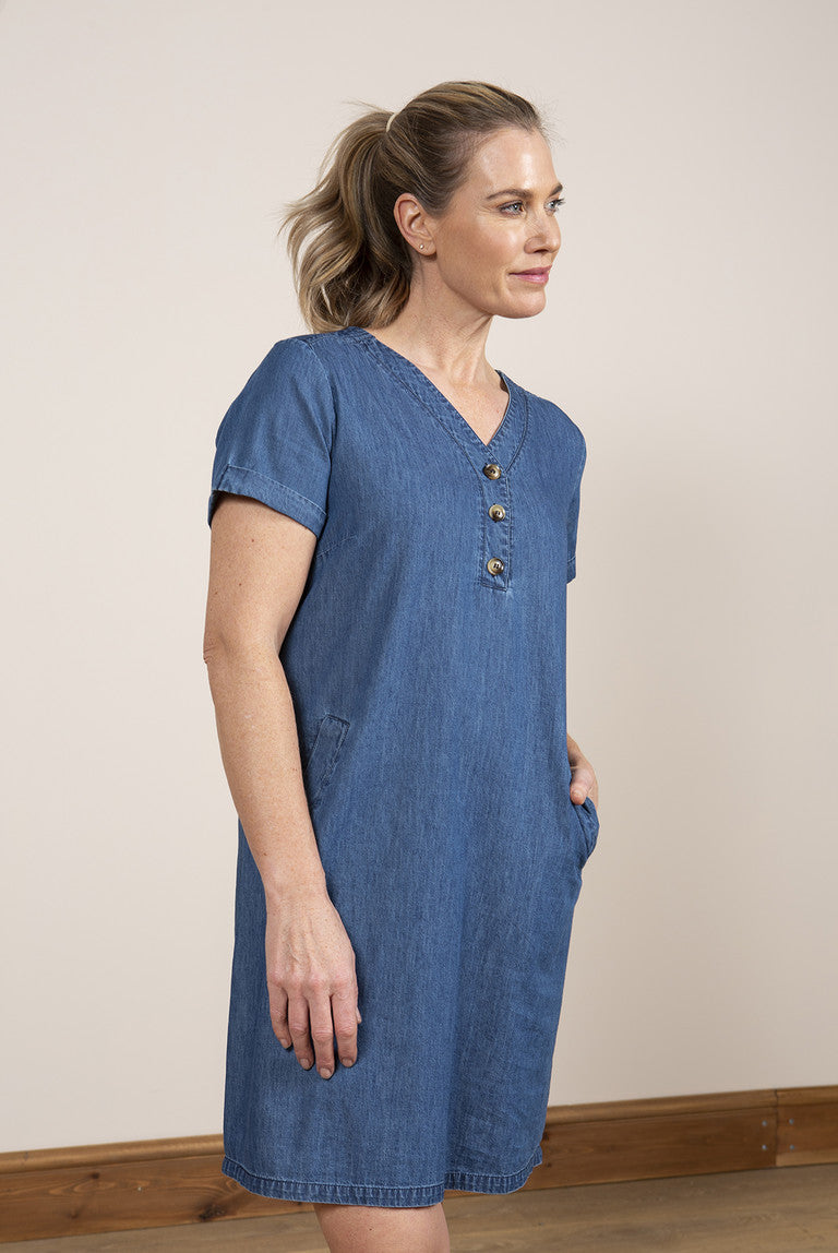 Lily and Me Button Detail Dress Denim Blue