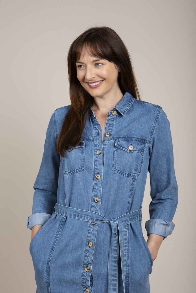 Lily and Me Denim Belted Midi Dress Blue