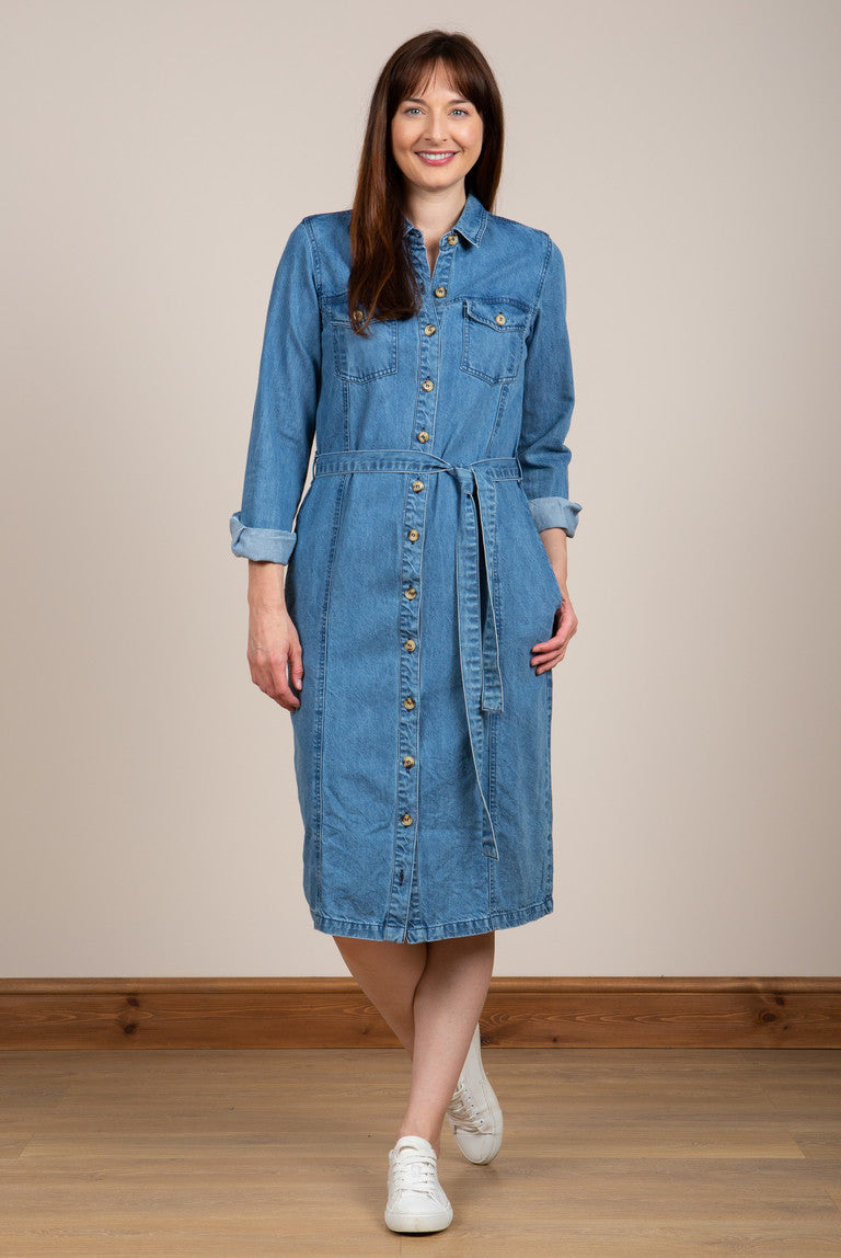Lily and Me Denim Belted Midi Dress Blue