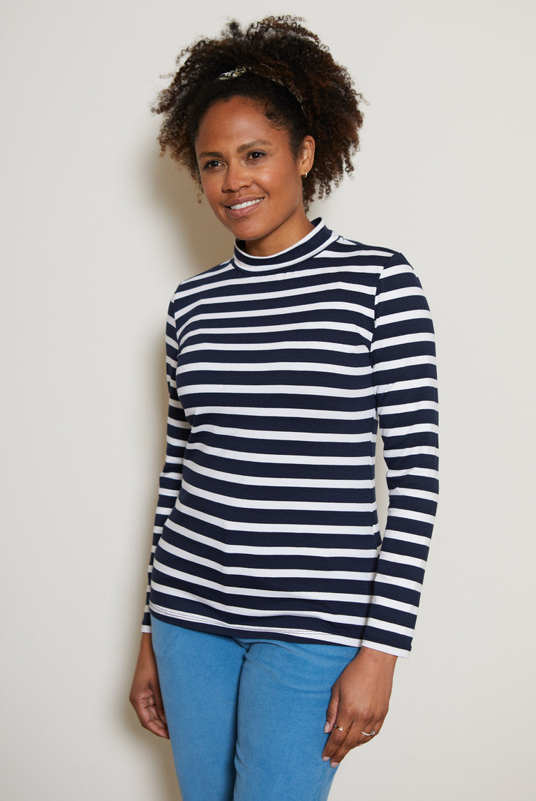 Lily and Me Navy Stripe Turtle Neck Top Orange