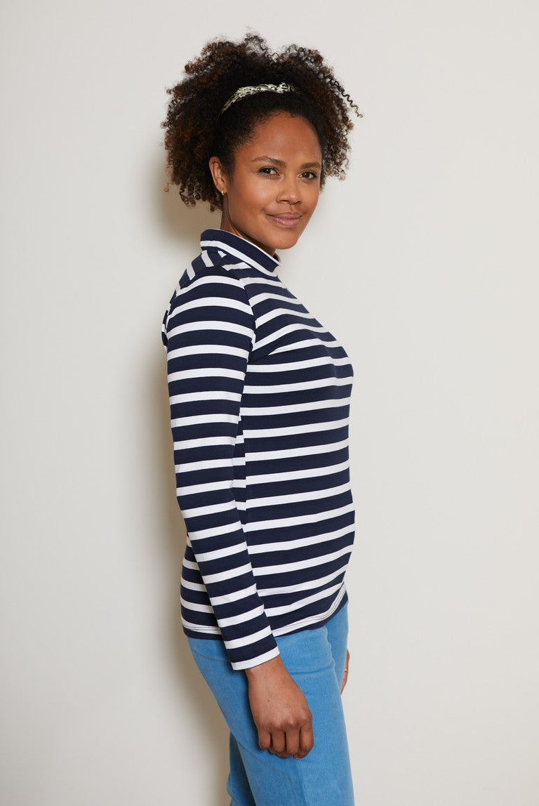 Lily and Me Navy Stripe Turtle Neck Top Orange