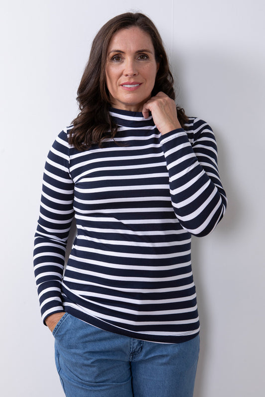 Lily and Me Navy Stripe Turtle Neck Top Orange