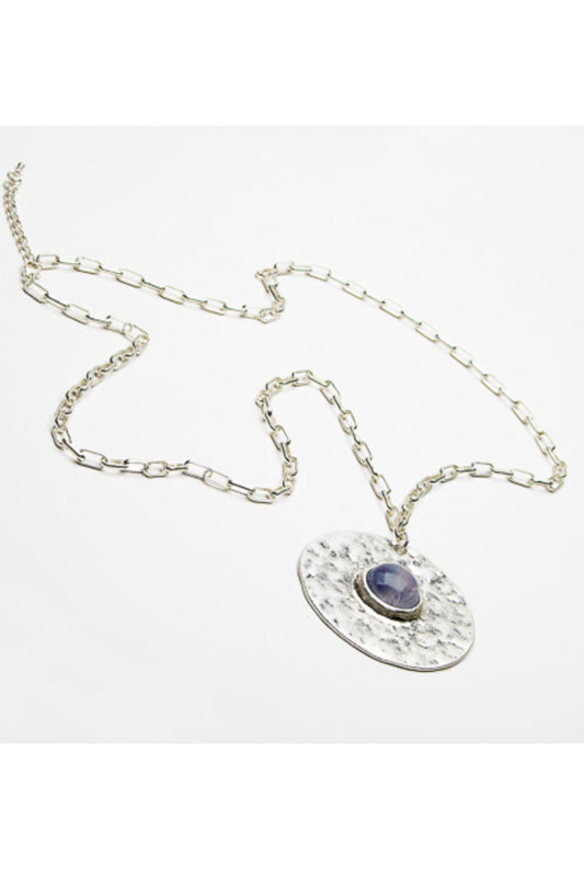Elongated Link Stone Disc Pendant Necklace