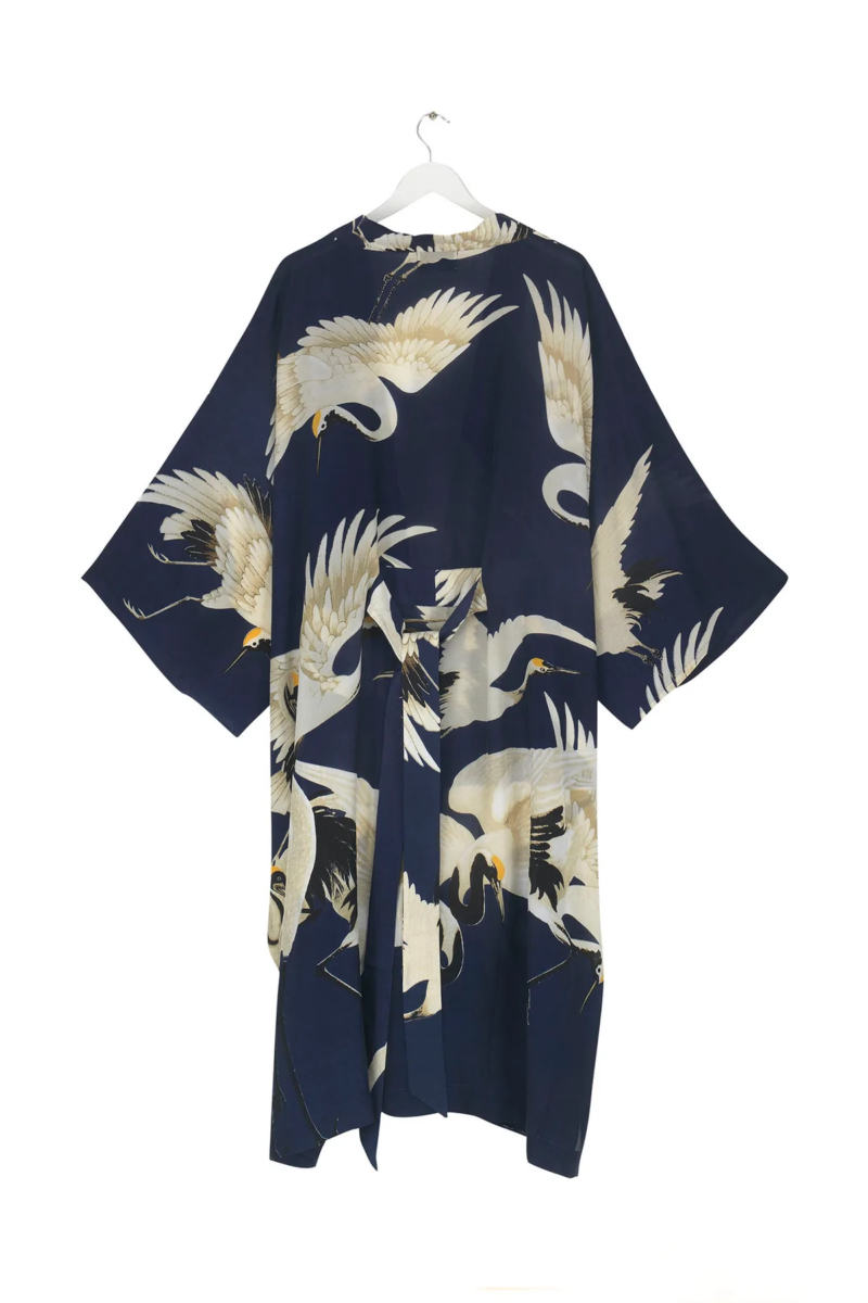 One Hundred Stars Crepe Long Stork Kimono Navy