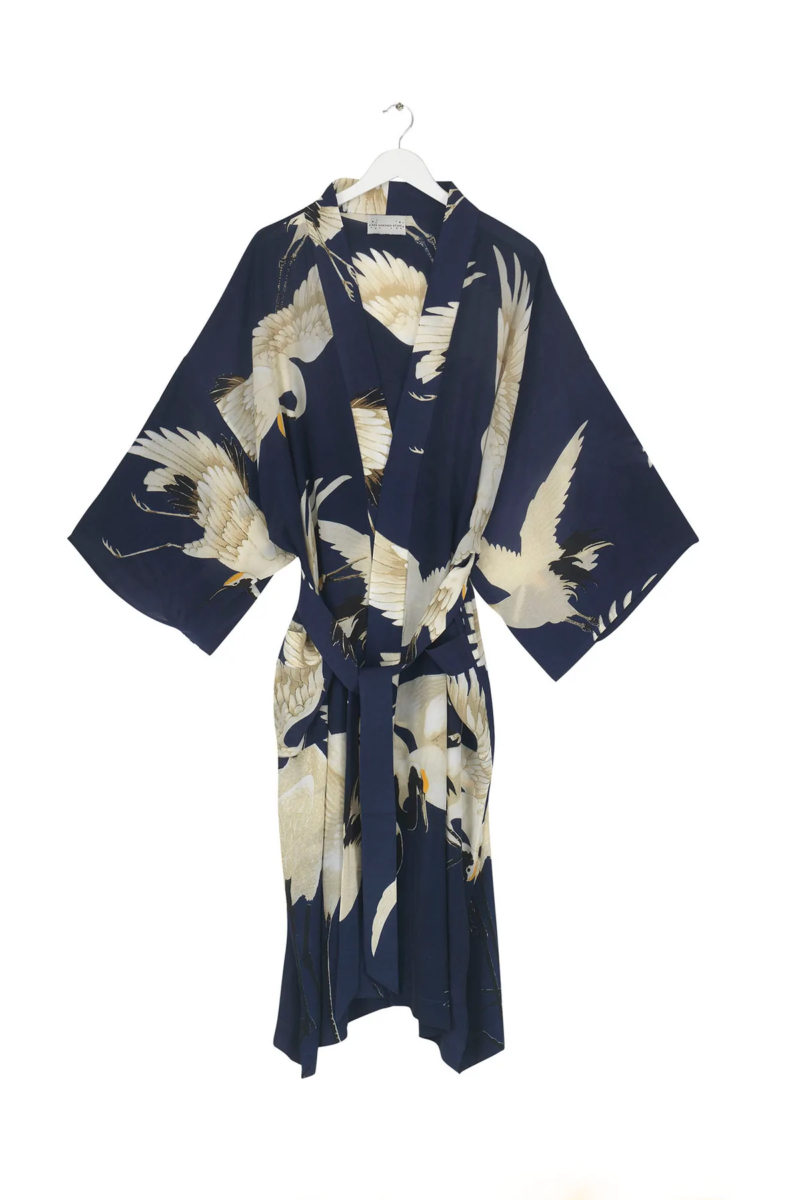 One Hundred Stars Crepe Long Stork Kimono Navy
