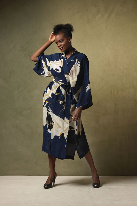 One Hundred Stars Crepe Long Stork Kimono Navy
