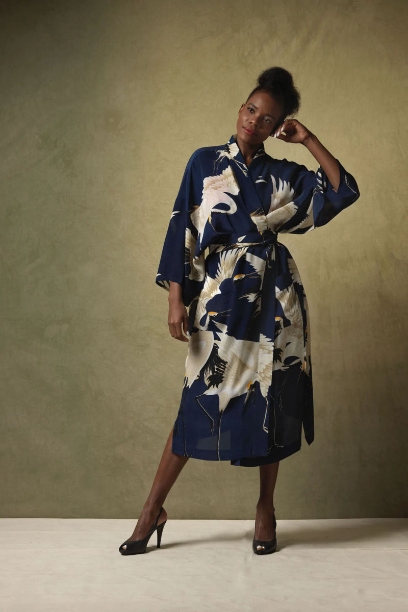 One Hundred Stars Crepe Long Stork Kimono Navy