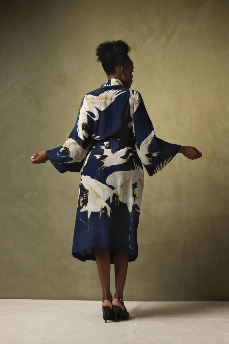 One Hundred Stars Crepe Long Stork Kimono Navy