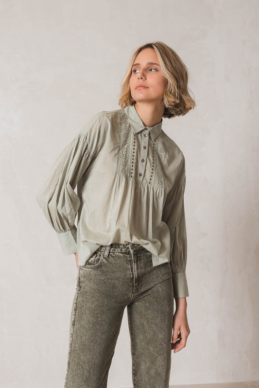 Indi & Cold Broderie Anglaise Blouse Sage Green