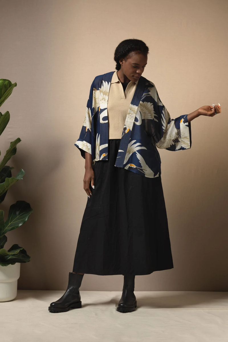 One Hundred Stars Stork Kimono Navy