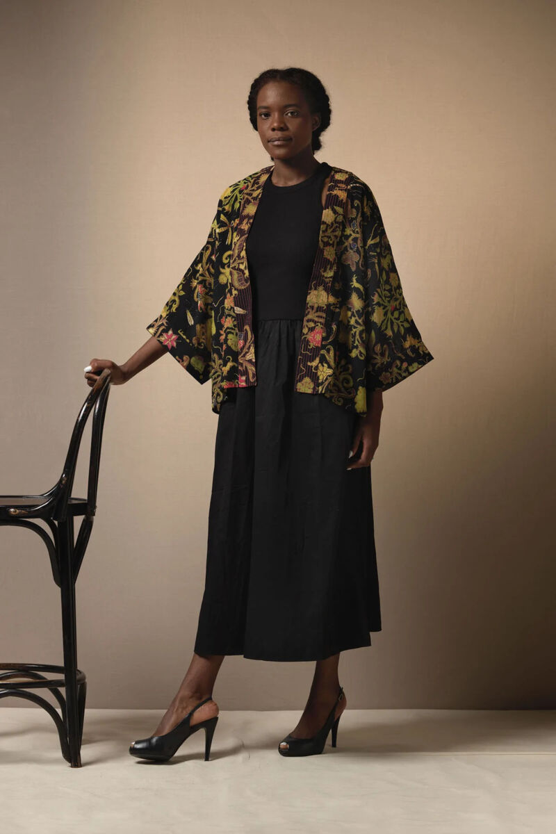 One Hundred Stars Crepe Kimono Tudor Silk Black