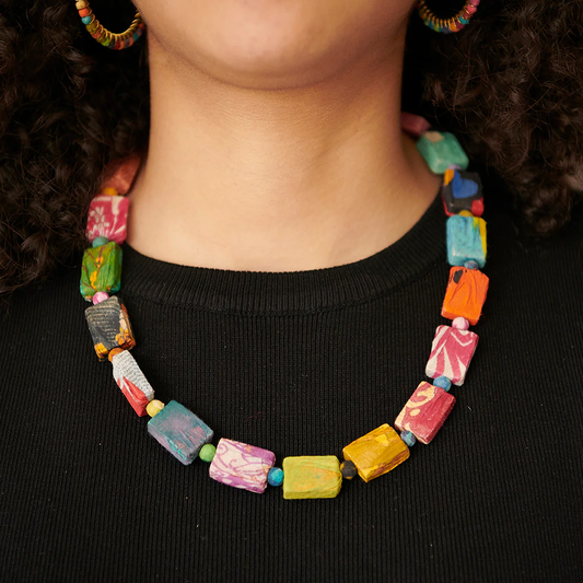 Just Trade Kantha Dotted Block Necklace Red