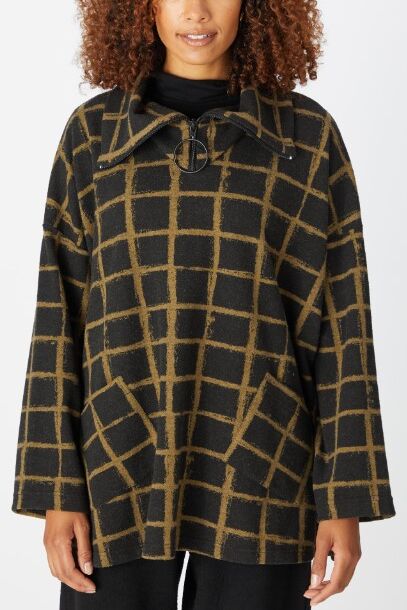 Sahara Brushstroke Grid Jersey Top Pesto Black
