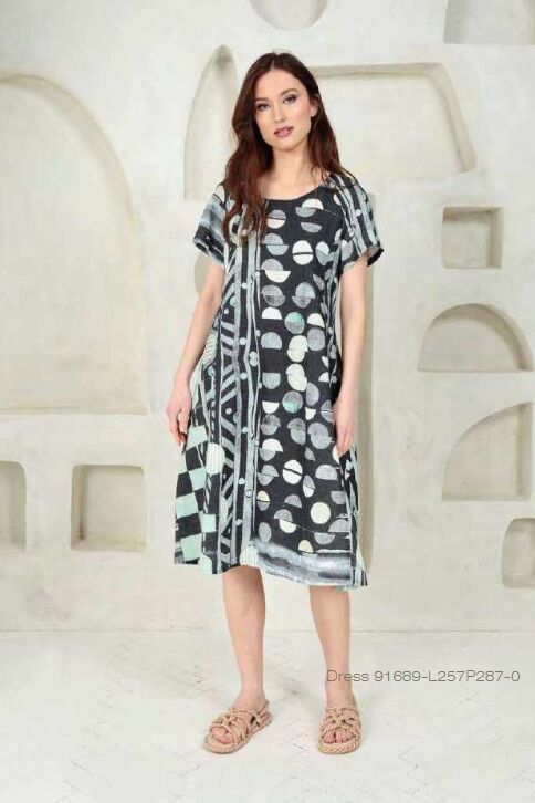 Grizas Split Print Linen 91689 Dress Green Green