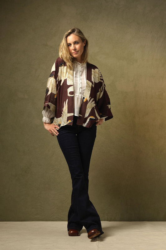 One Hundred Stars Stork Kimono Burgundy Green