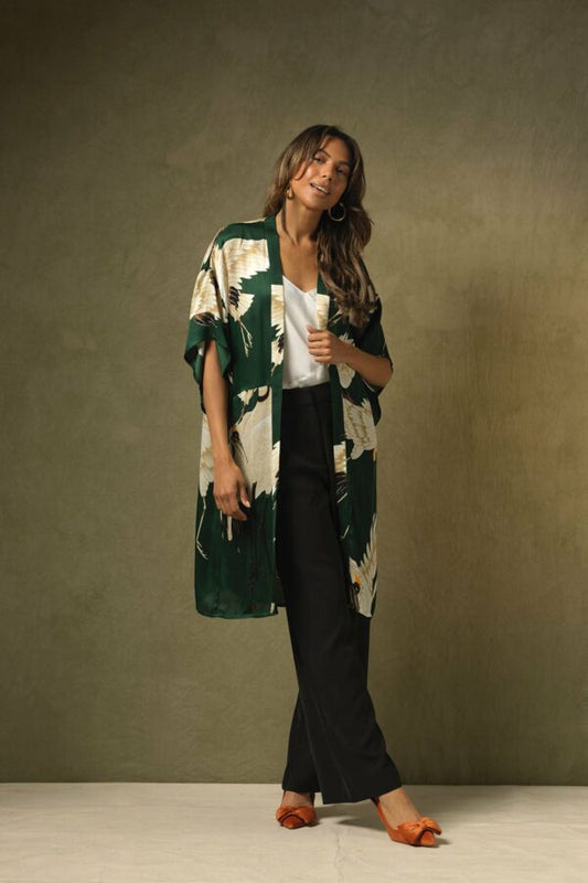 One Hundred Stars Stork Midi Kimono Forest Green