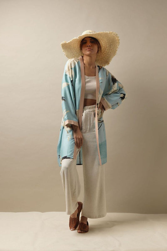One Hundred Stars Stork Collar Kimono Sky Blue