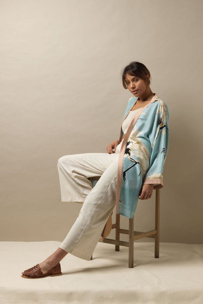 One Hundred Stars Stork Collar Kimono Sky Blue