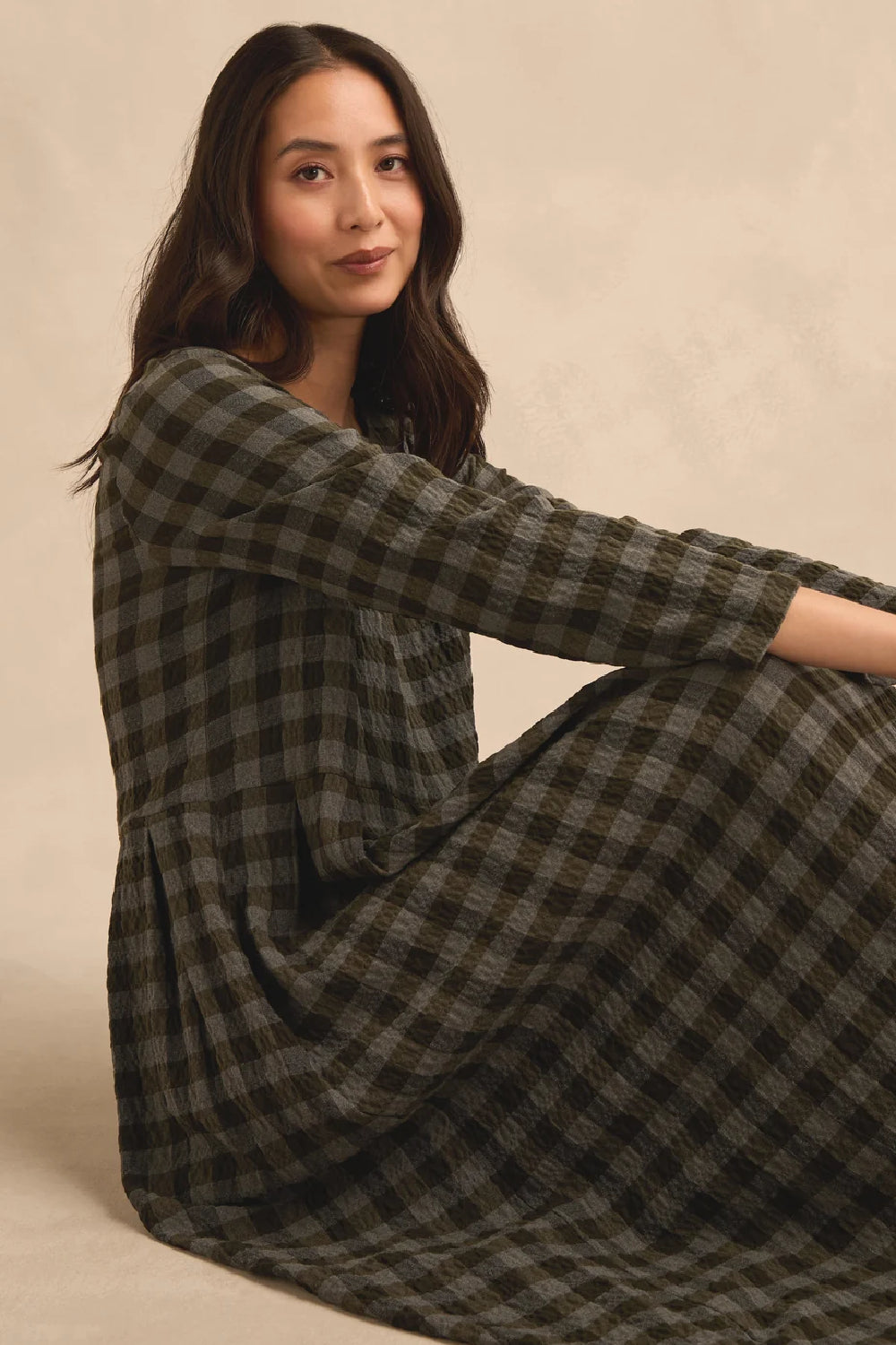 Crinkle Check Flared Dress