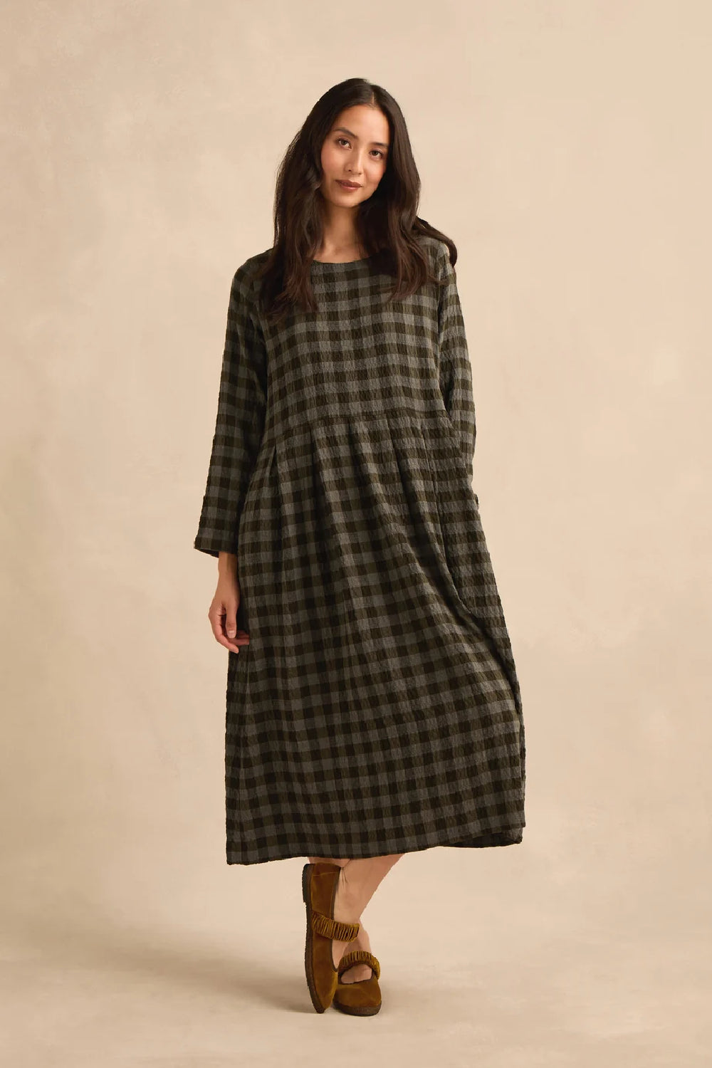 Crinkle Check Flared Dress