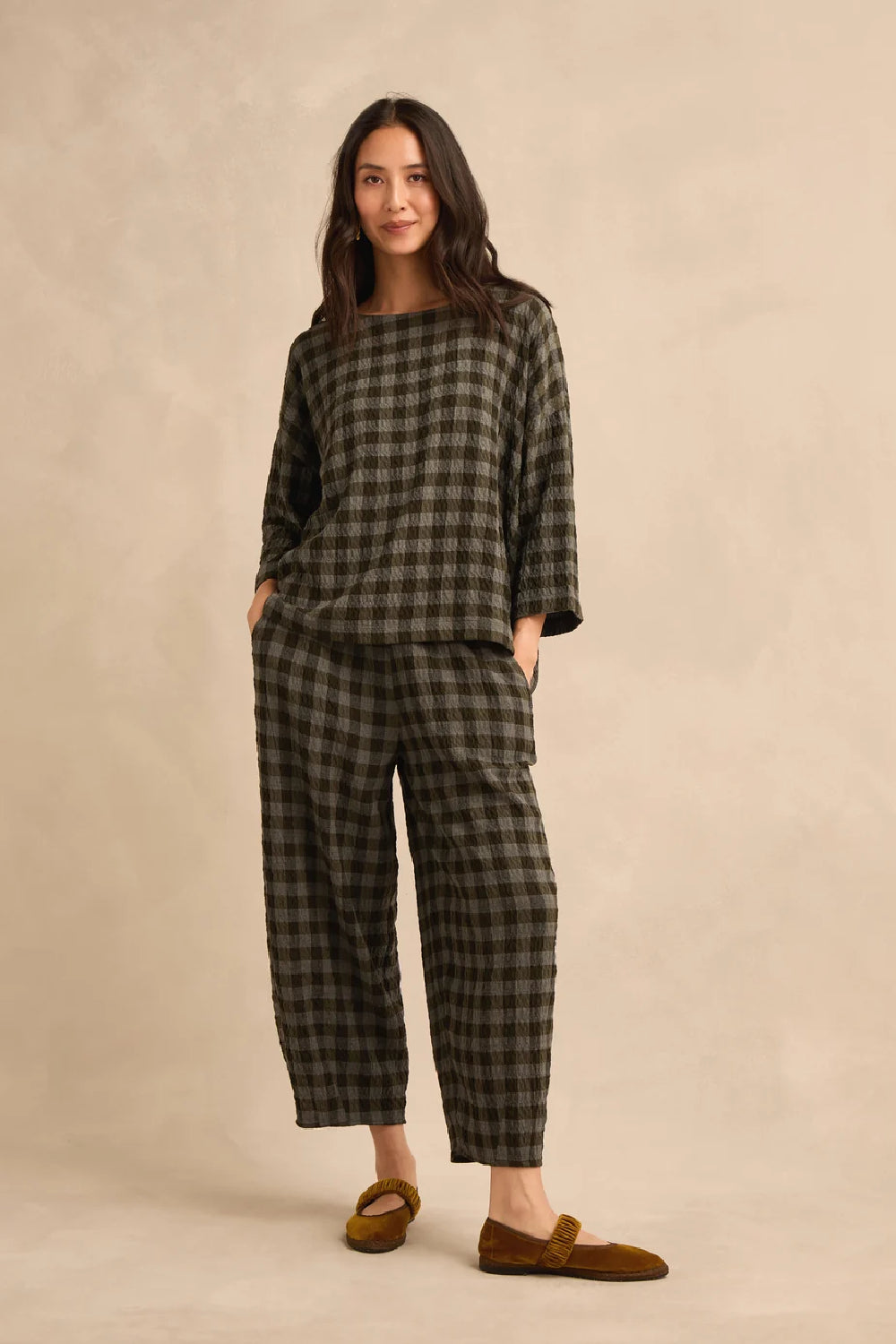 Crinkle Check Boxy Top