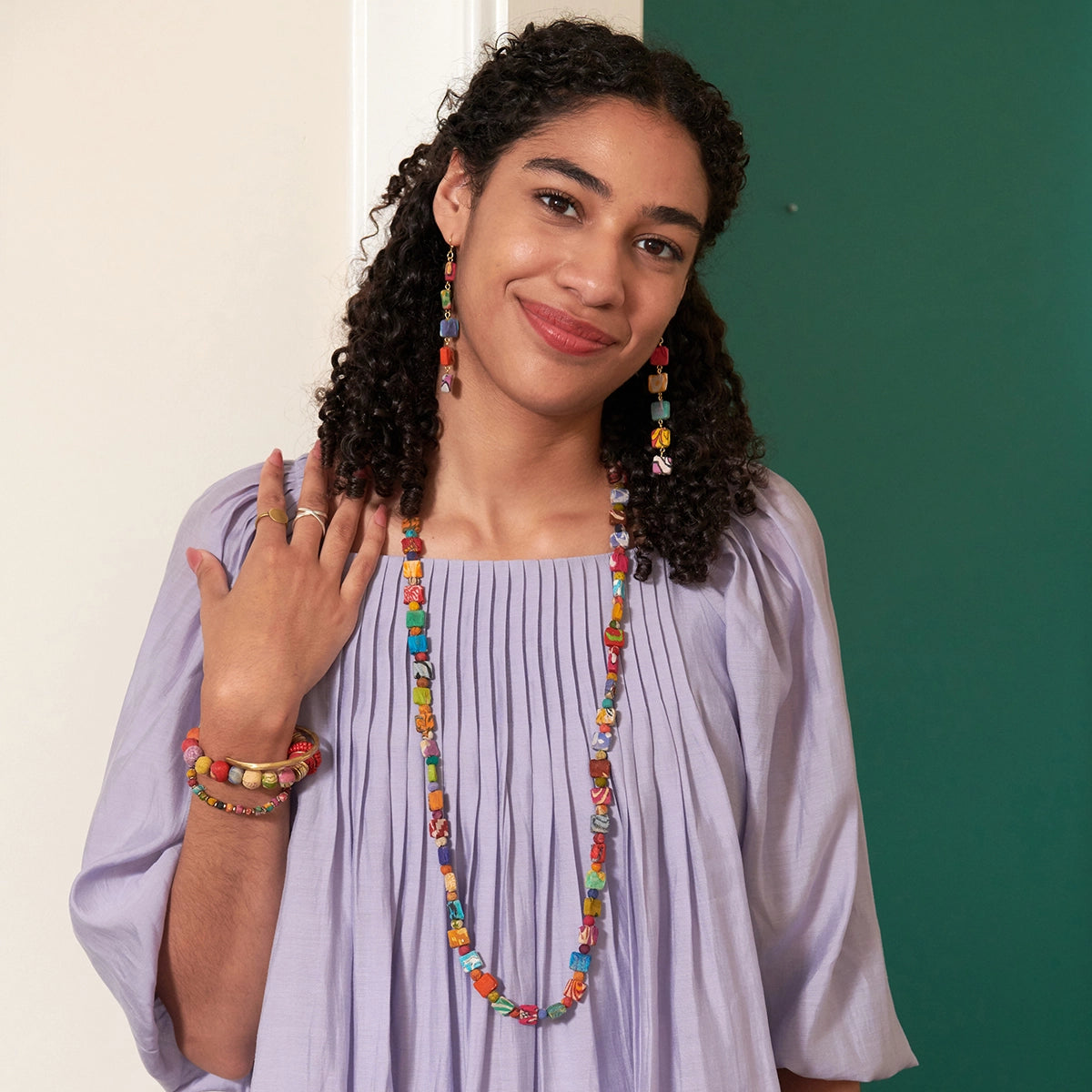 Kantha Dotted Square Long Necklace
