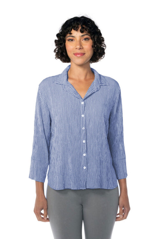 JessieJuniper Crinkle Check Crop Easy Shirt Atlantic Blue