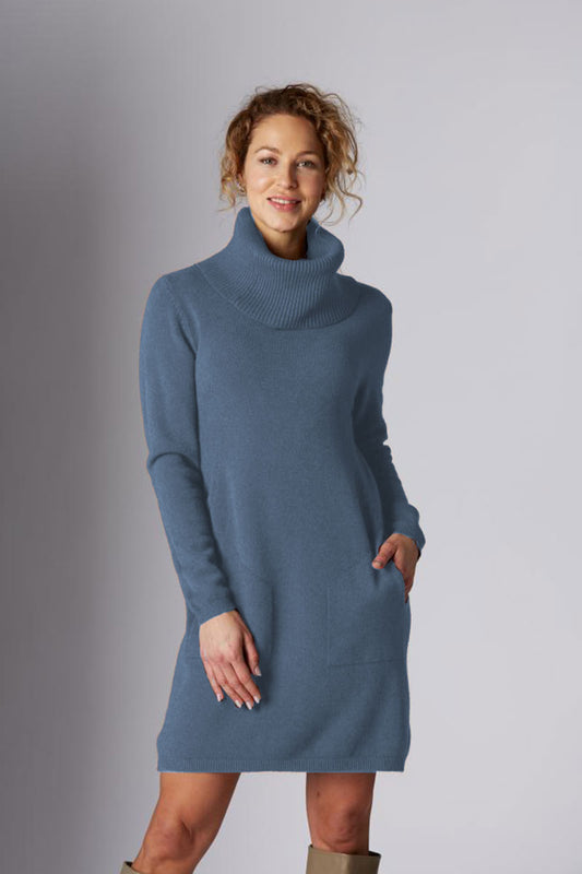 Yellow Label Roll Neck Knitted Dress Denim Blue