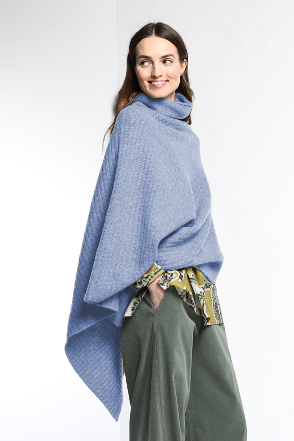 Asymmetric Ribbed Knit Poncho
