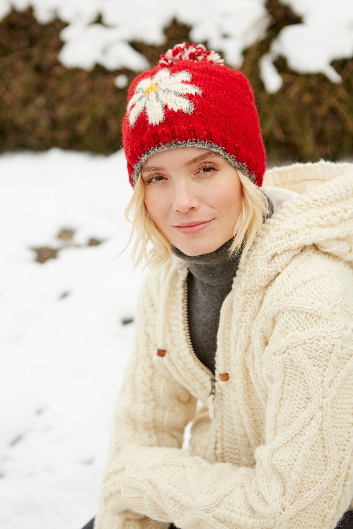 Pachamama Daisy Bobble Beanie Red