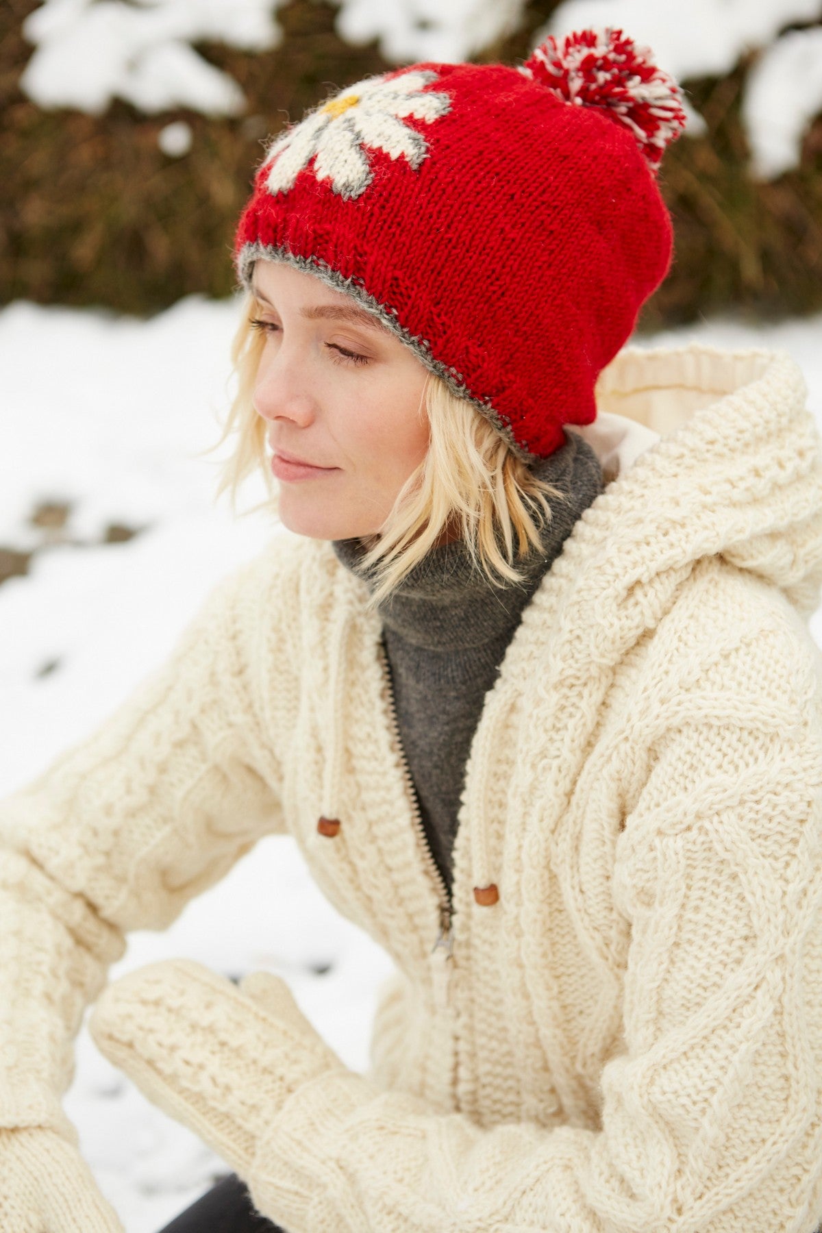 Pachamama Daisy Bobble Beanie Red
