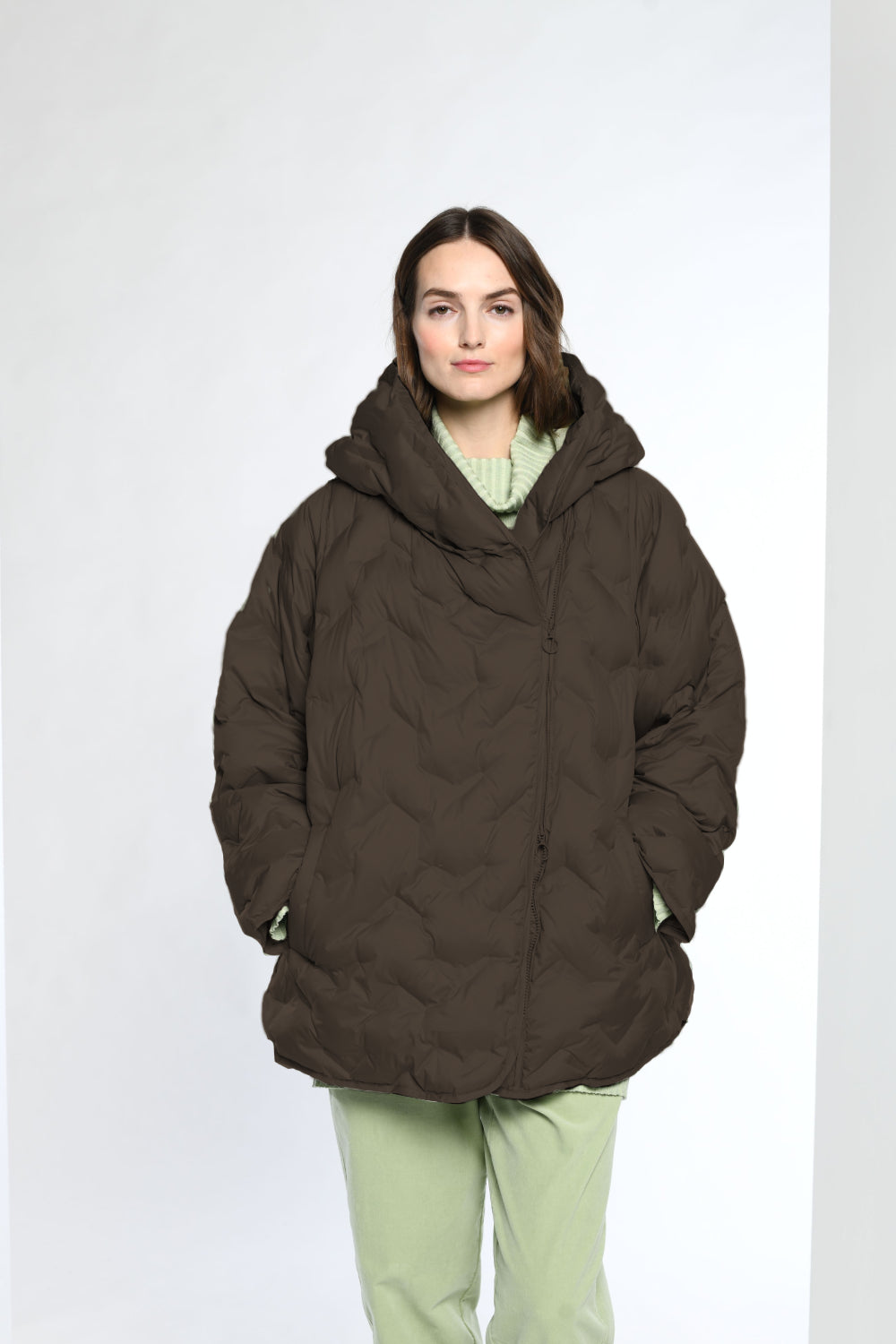 Quilted Diagonal Zip Coat