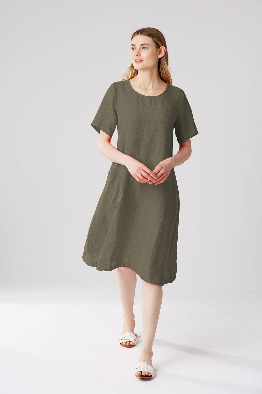 Yellow Label Linen Dress With Pockets Olive