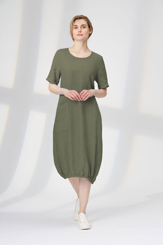 Yellow Label Linen Dress With Pockets Olive