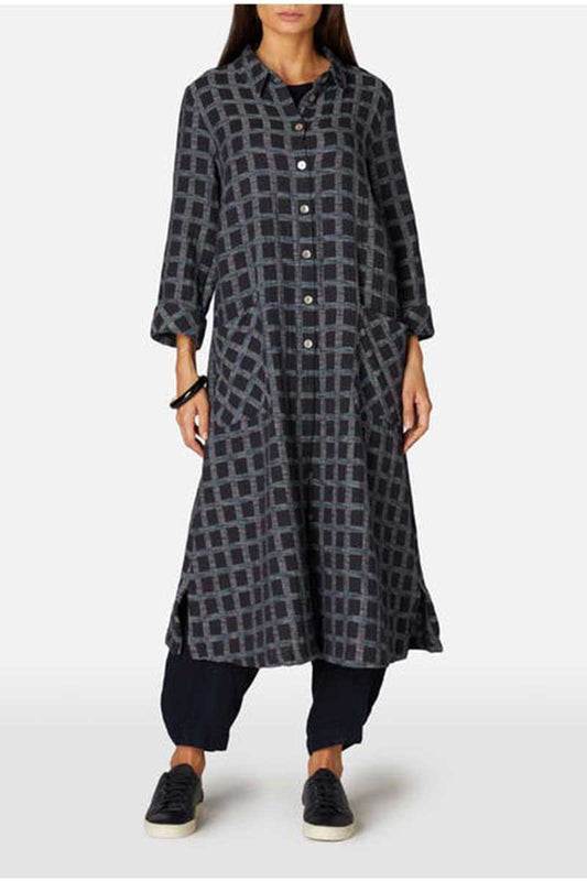 Sahara Cotton Ikat Check Shirt Dress Navy