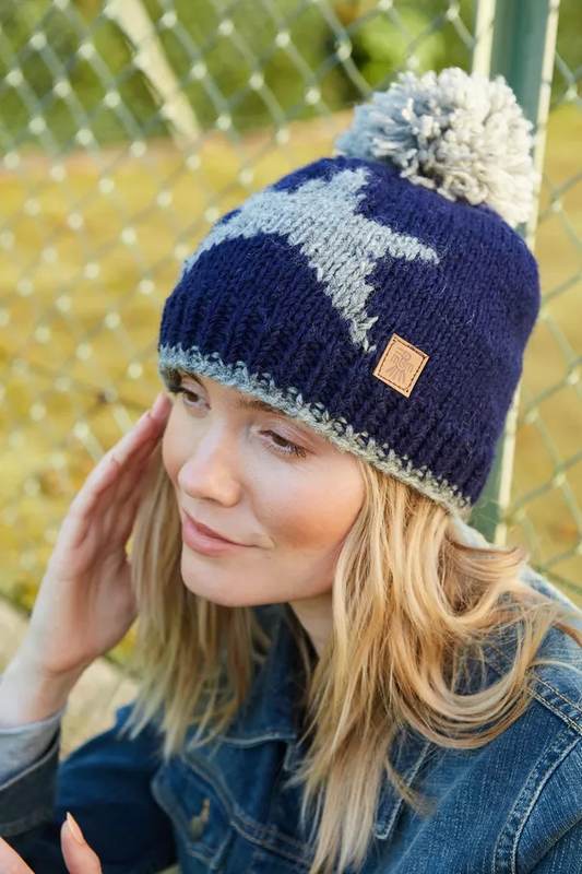 Pachamama Star Bobble Beanie Navy Blue