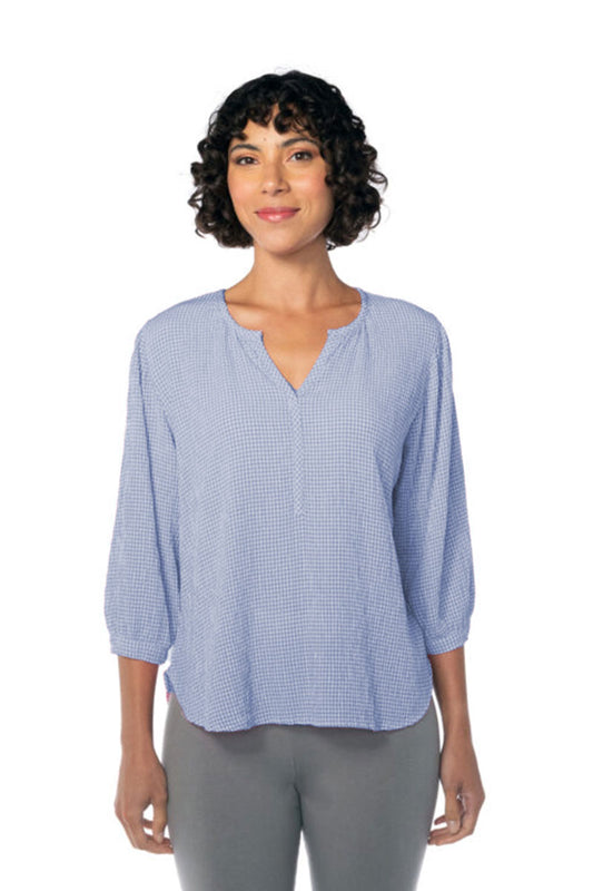 Cut Loose Crinkle Check Henley Top Atlantic Blue