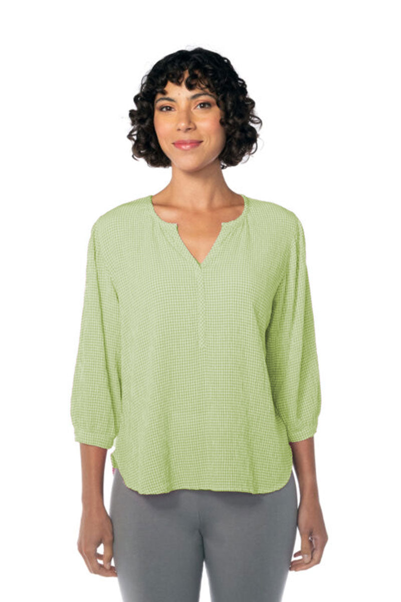 Cut Loose Crinkle Check Henley Top Seaweed Green