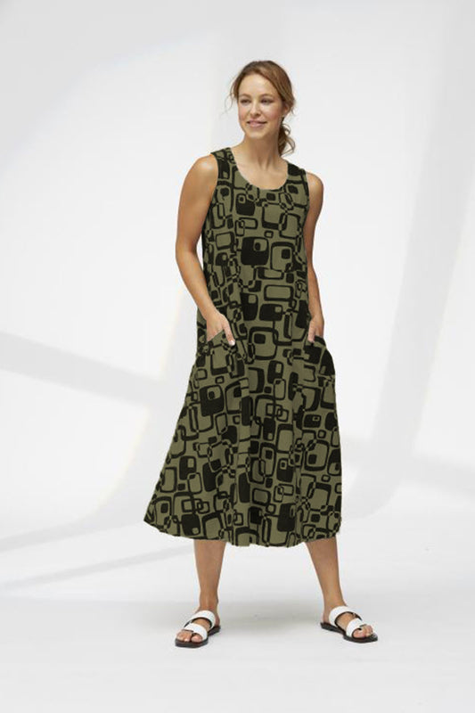 Yellow Label Abstract Square Sleeveless Dress Khaki Green
