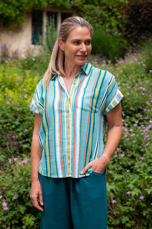 Lily and Me Sky Shirt Linen Stripe Teal