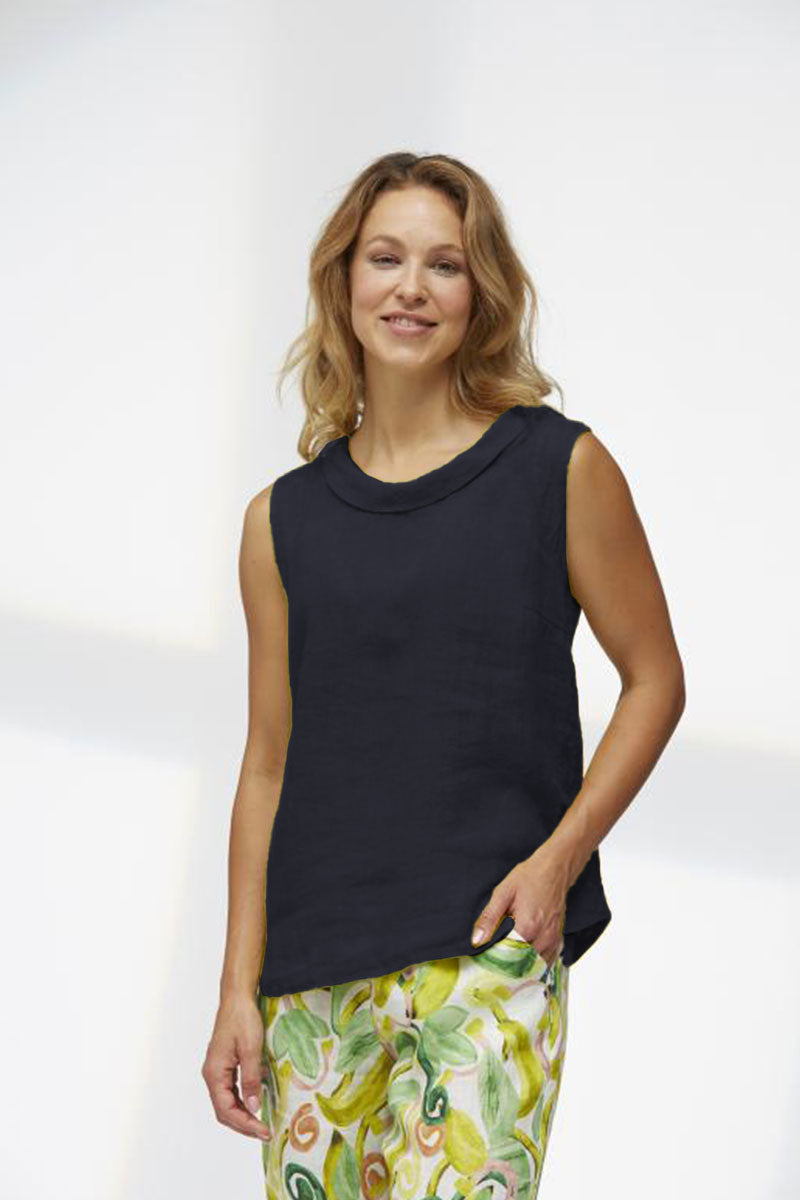 Yellow Label Linen Collar Top Navy Blue